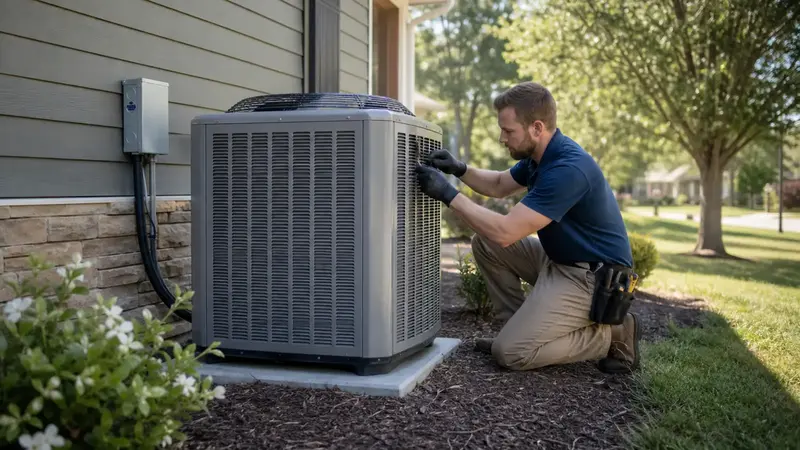HVAC professional assessing a US home's heating and cooling system
