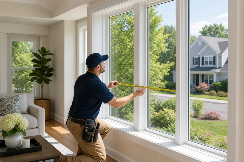 Installer measuring replacement windows in a US home